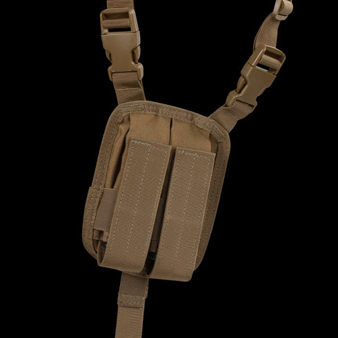 The Condor Universal Shoulder Holster is a brown tactical pouch with adjustable straps, plastic buckles, and two vertical loops on the front.
